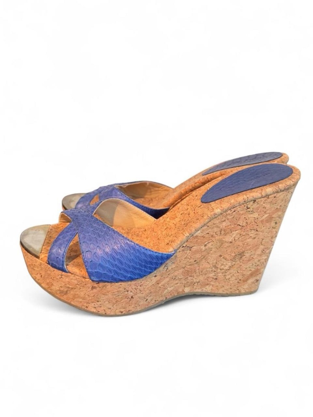 Jimmy Choo Blue Fish Skin Crossover Cork Wedges